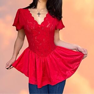 Vintage 90s Red Lace Babydoll Lingerie Top USA Made Fits M